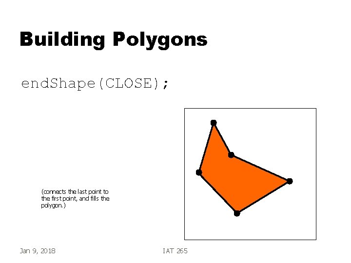 Building Polygons end. Shape(CLOSE); (connects the last point to the first point, and fills