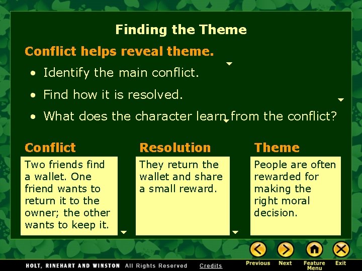 Finding the Theme Conflict helps reveal theme. • Identify the main conflict. • Find