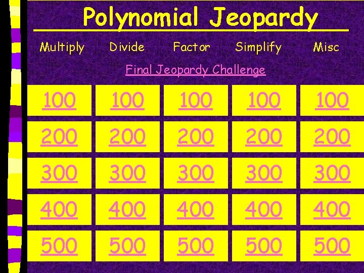 Polynomial Jeopardy Multiply Divide Factor Simplify Misc Final Jeopardy Challenge 100 100 100 200