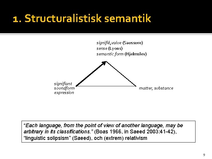 1. Structuralistisk semantik signifié, value (Saussure) sense (Lyons) semantic form (Hjelmslev) signifiant soundform expression