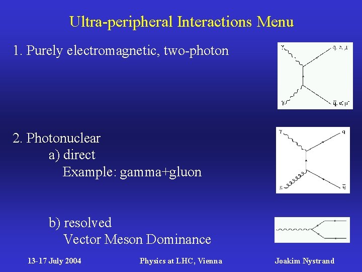 Ultra-peripheral Interactions Menu 1. Purely electromagnetic, two-photon 2. Photonuclear a) direct Example: gamma+gluon b)