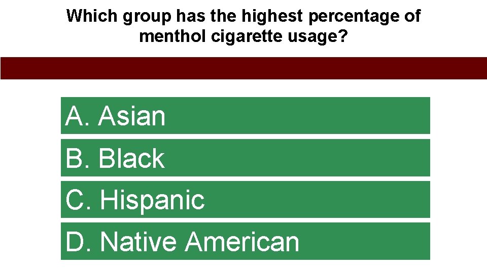 Which group has the highest percentage of menthol cigarette usage? A. Asian B. Black