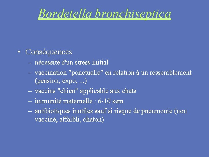 Bordetella bronchiseptica • Conséquences – nécessité d'un stress initial – vaccination "ponctuelle" en relation