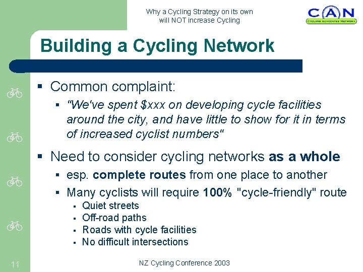 Why a Cycling Strategy on its own will NOT increase Cycling Building a Cycling