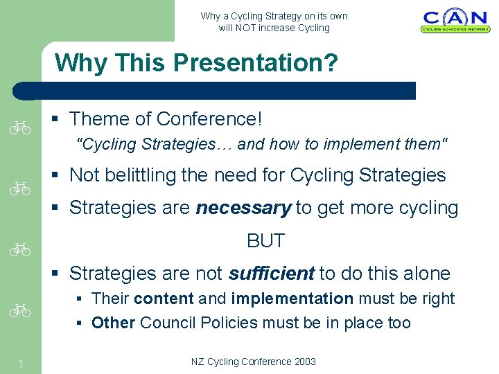 Why a Cycling Strategy on its own will NOT increase Cycling Why This Presentation?