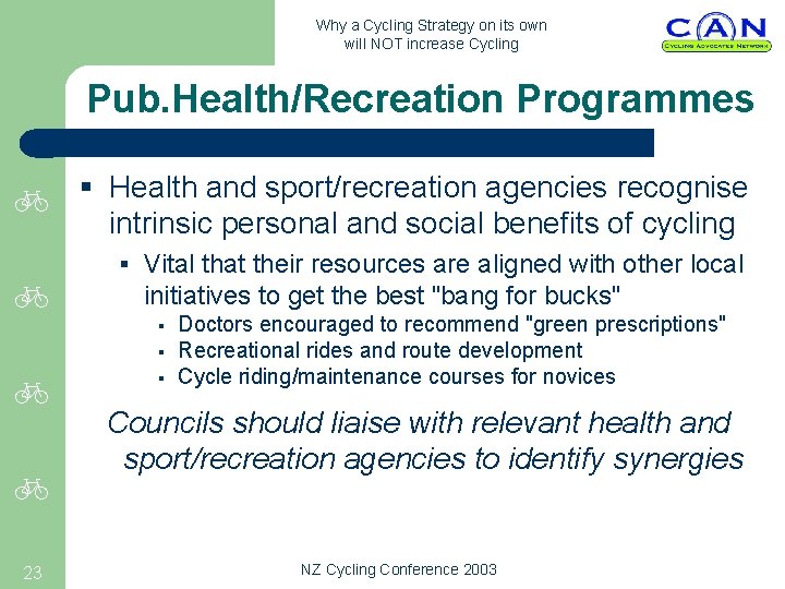 Why a Cycling Strategy on its own will NOT increase Cycling Pub. Health/Recreation Programmes