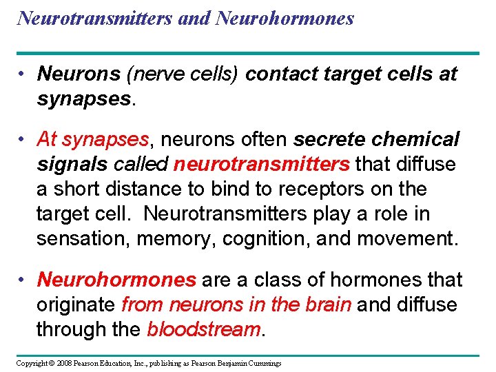 Neurotransmitters and Neurohormones • Neurons (nerve cells) contact target cells at synapses. • At