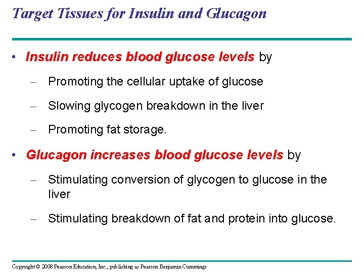 Target Tissues for Insulin and Glucagon • Insulin reduces blood glucose levels by –