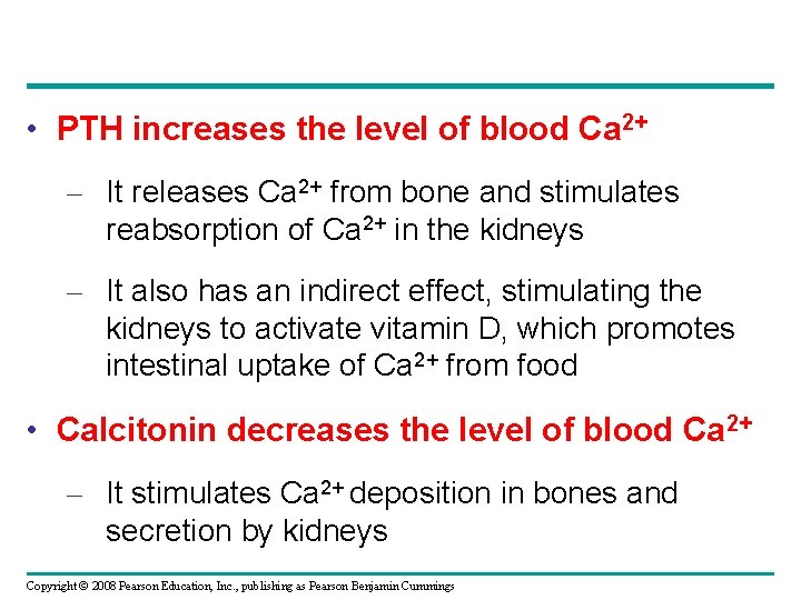  • PTH increases the level of blood Ca 2+ – It releases Ca