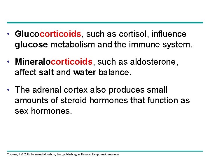  • Glucocorticoids, such as cortisol, influence glucose metabolism and the immune system. •