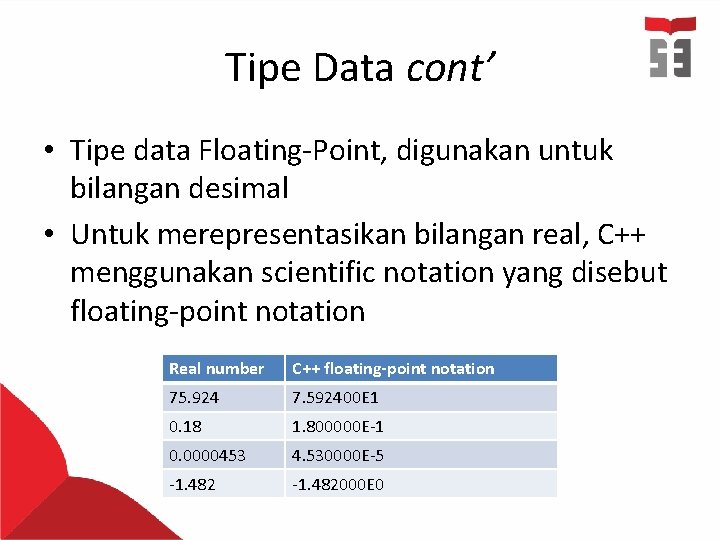 Tipe Data cont’ • Tipe data Floating-Point, digunakan untuk bilangan desimal • Untuk merepresentasikan