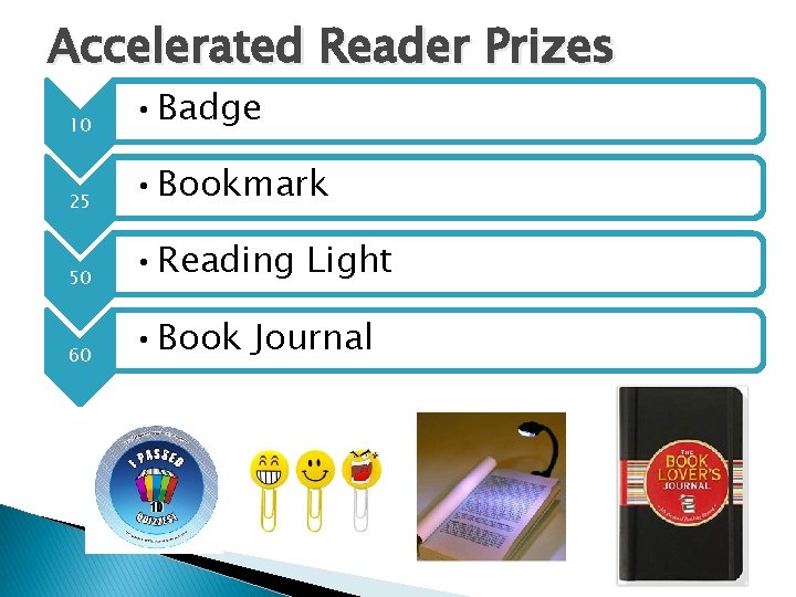 Accelerated Reader Prizes 10 • Badge 25 • Bookmark 50 • Reading Light 60