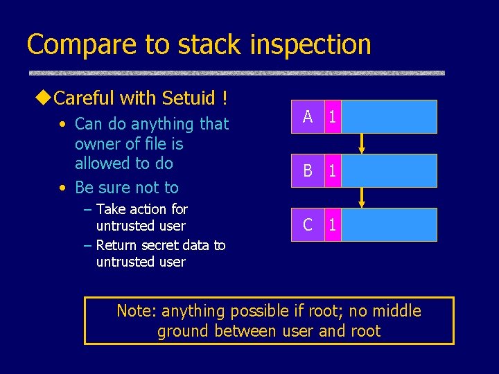 Compare to stack inspection u. Careful with Setuid ! • Can do anything that