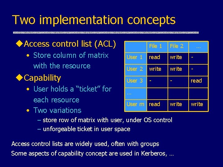 Two implementation concepts u. Access control list (ACL) • Store column of matrix with