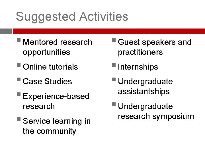 Suggested Activities § Mentored research § Guest speakers and § Online tutorials § Case