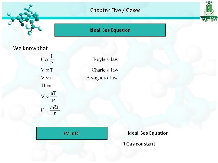 Chapter Five / Gases Ideal Gas Equation We know that PV=n. RT Ideal Gas