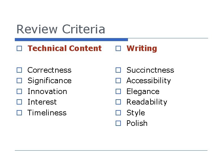 Review Criteria o Technical Content o o o Correctness Significance Innovation Interest Timeliness o