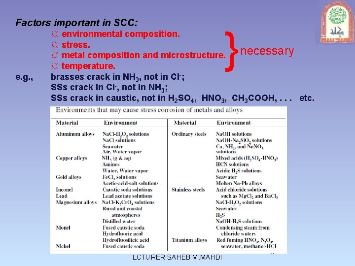 Factors important in SCC: e. g. , } ☼ environmental composition. ☼ stress. necessary