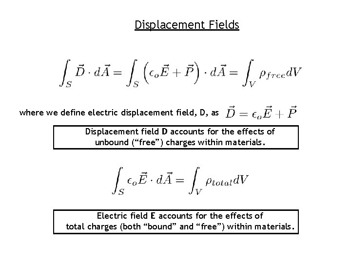 Displacement Fields where we define electric displacement field, D, as Displacement field D accounts
