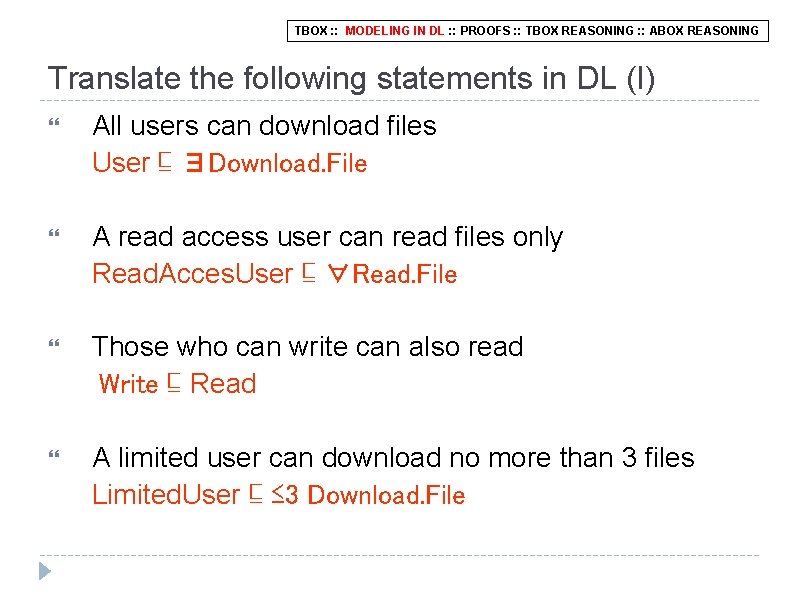 TBOX : : MODELING IN DL : : PROOFS : : TBOX REASONING :