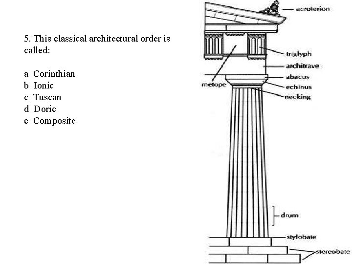 5. This classical architectural order is called: a b c d e Corinthian Ionic
