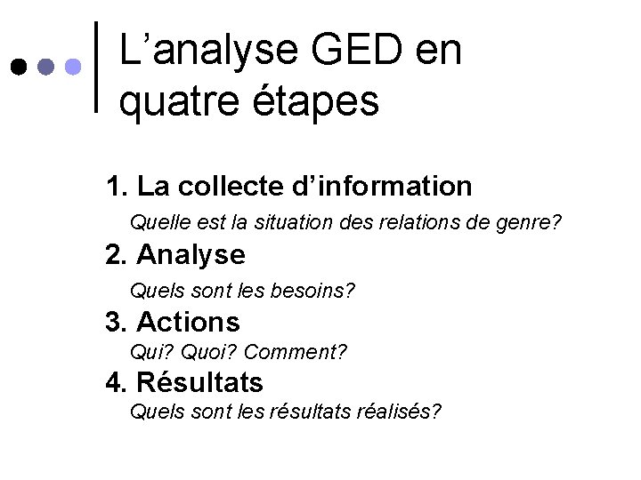 L’analyse GED en quatre étapes 1. La collecte d’information Quelle est la situation des