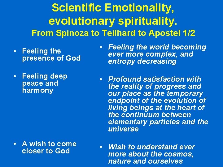 Scientific Emotionality, evolutionary spirituality. From Spinoza to Teilhard to Apostel 1/2 • Feeling the Scientific Emotionality, evolutionary spirituality. From Spinoza to Teilhard to Apostel 1/2 • Feeling the