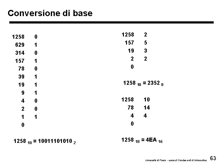 Conversione di base 1258 629 314 157 78 39 19 9 4 2 1