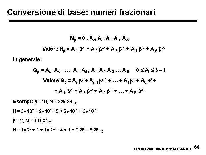 Conversione di base: numeri frazionari Nb = 0 , A-1 A-2 A-3 A-4 A-5