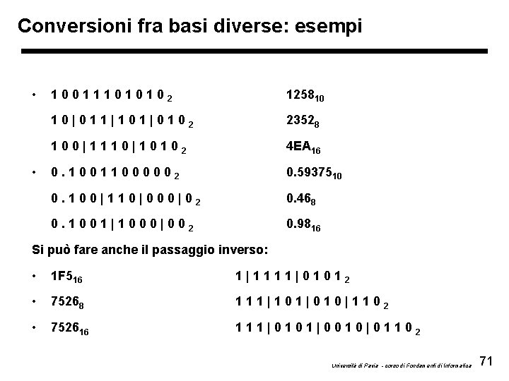 Conversioni fra basi diverse: esempi • • 100111010102 125810 10|011|101|0102 23528 100|1110|10102 4 EA