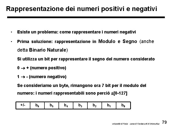 Rappresentazione dei numeri positivi e negativi • Esiste un problema: come rappresentare i numeri