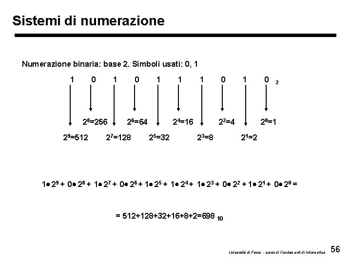 Sistemi di numerazione Numerazione binaria: base 2. Simboli usati: 0, 1 1 0 1