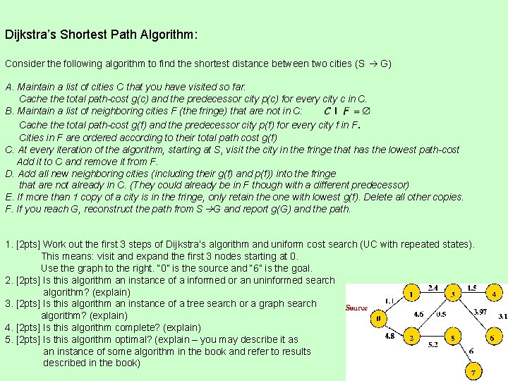 Dijkstra’s Shortest Path Algorithm: Consider the following algorithm to find the shortest distance between