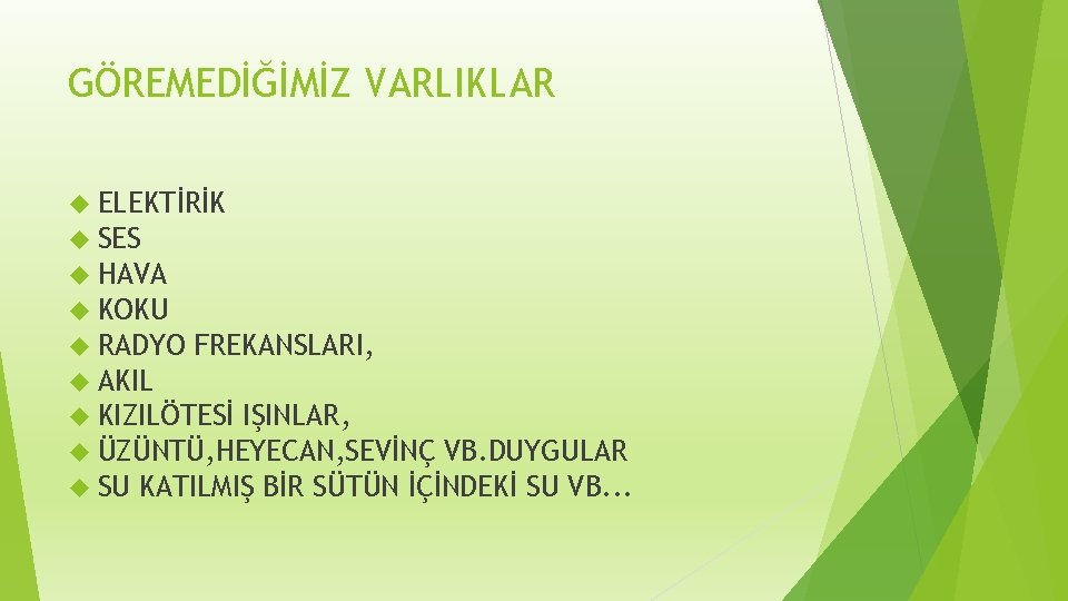 GÖREMEDİĞİMİZ VARLIKLAR ELEKTİRİK SES HAVA KOKU RADYO FREKANSLARI, AKIL KIZILÖTESİ IŞINLAR, ÜZÜNTÜ, HEYECAN, SEVİNÇ