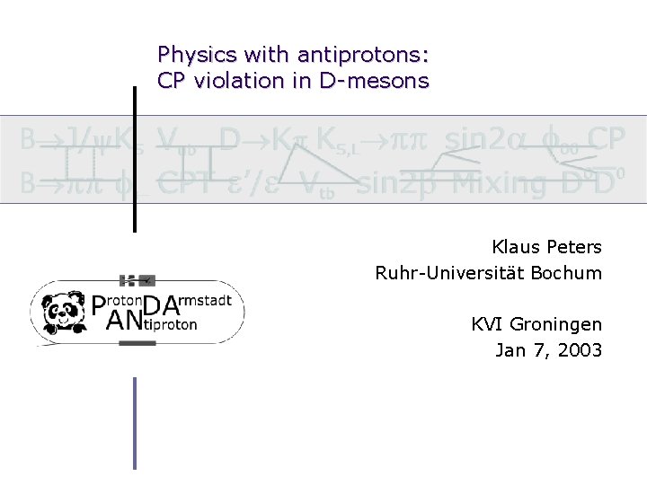 Physics with antiprotons: CP violation in D-mesons Klaus Peters Ruhr-Universität Bochum KVI Groningen Jan