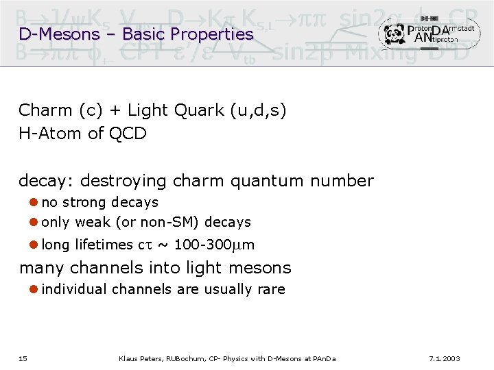 D-Mesons – Basic Properties Charm (c) + Light Quark (u, d, s) H-Atom of