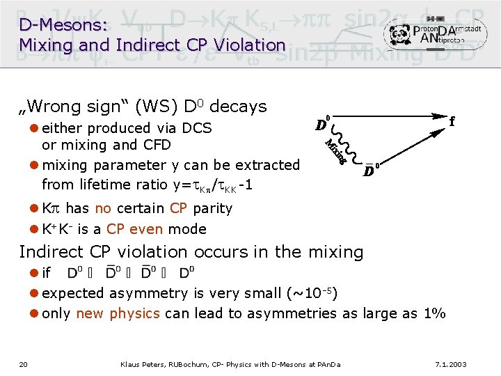 D-Mesons: Mixing and Indirect CP Violation „Wrong sign“ (WS) D 0 decays l either