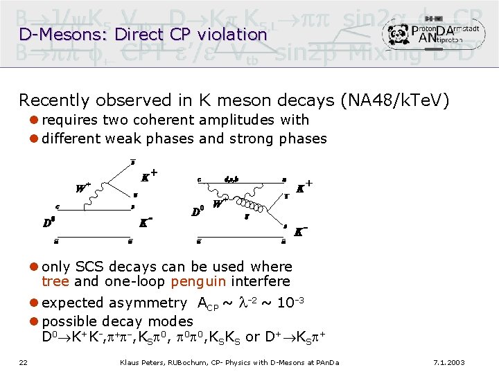 D-Mesons: Direct CP violation Recently observed in K meson decays (NA 48/k. Te. V)