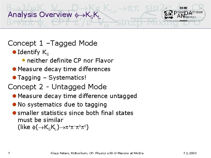 Analysis Overview f®KSKL Concept 1 –Tagged Mode l Identify KS • neither definite CP