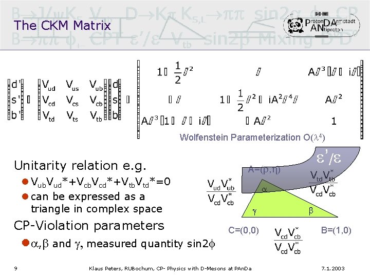 The CKM Matrix Wolfenstein Parameterization O(l 4) Unitarity relation e. g. A=(r, h) l