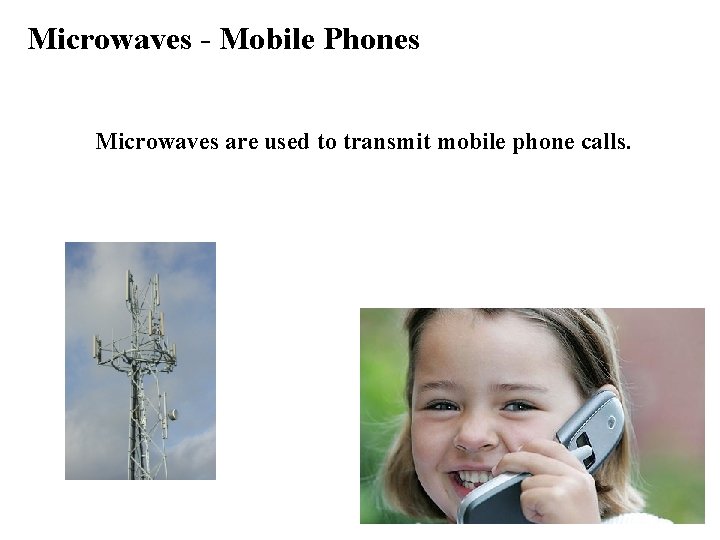 Microwaves - Mobile Phones Microwaves are used to transmit mobile phone calls. 