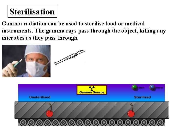 Sterilisation Gamma radiation can be used to sterilise food or medical instruments. The gamma