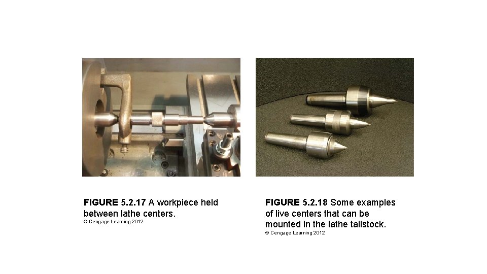 FIGURE 5. 2. 17 A workpiece held between lathe centers. © Cengage Learning 2012 FIGURE 5. 2. 17 A workpiece held between lathe centers. © Cengage Learning 2012
