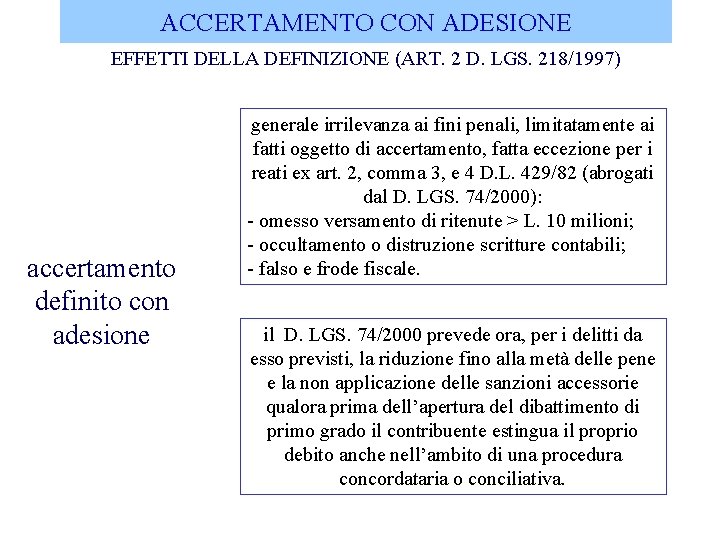 ACCERTAMENTO CON ADESIONE EFFETTI DELLA DEFINIZIONE (ART. 2 D. LGS. 218/1997) accertamento definito con