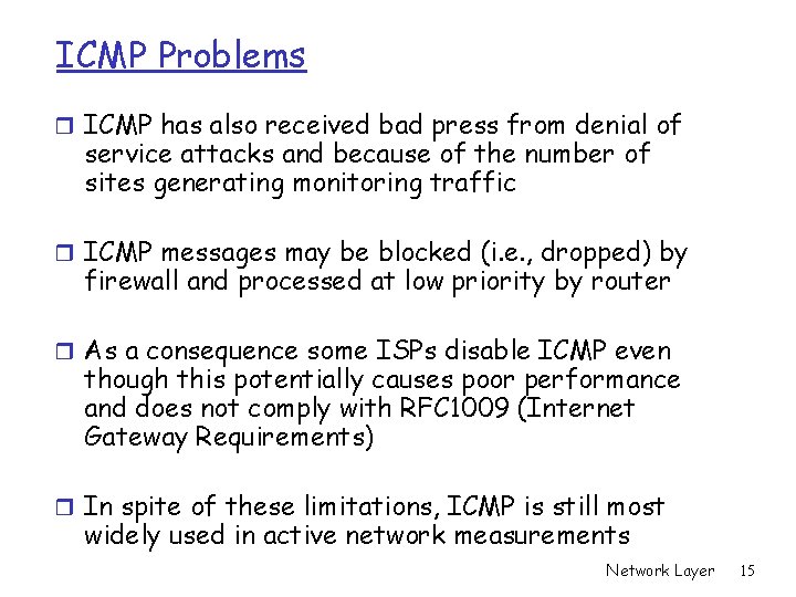 ICMP Problems r ICMP has also received bad press from denial of service attacks ICMP Problems r ICMP has also received bad press from denial of service attacks