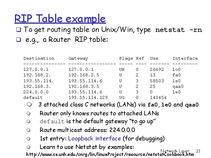 RIP Table example q To get routing table on Unix/Win, type netstat -rn q RIP Table example q To get routing table on Unix/Win, type netstat -rn q