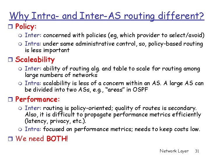 Why Intra- and Inter-AS routing different? r Policy: m Inter: concerned with policies (eg, Why Intra- and Inter-AS routing different? r Policy: m Inter: concerned with policies (eg,