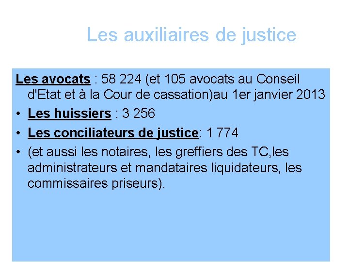 Les auxiliaires de justice Les avocats : 58 224 (et 105 avocats au Conseil