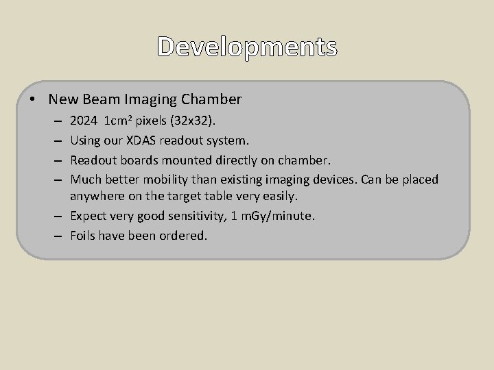 Developments • New Beam Imaging Chamber 2024 1 cm 2 pixels (32 x 32).
