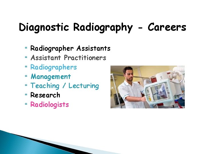 Diagnostic Radiography - Careers Radiographer Assistants Assistant Practitioners Radiographers Management Teaching / Lecturing Research